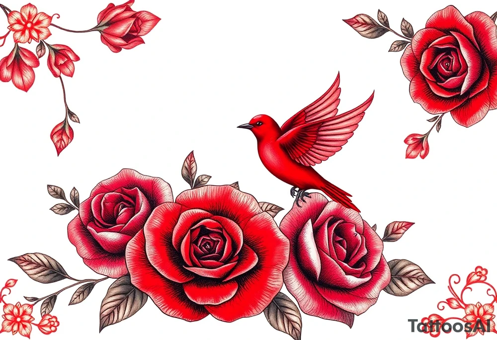 Vintage lace, red roses close together, bright red bird flying freely tattoo idea