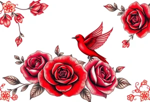 Vintage lace, red roses close together, bright red bird flying freely tattoo idea