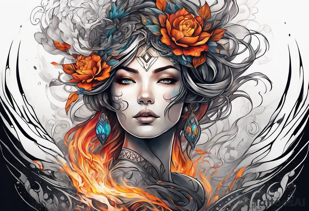 Resurrection strength and courage Beautiful Woman walking through fire and chaos to inner peace and self-love  ethereal tattoo idea