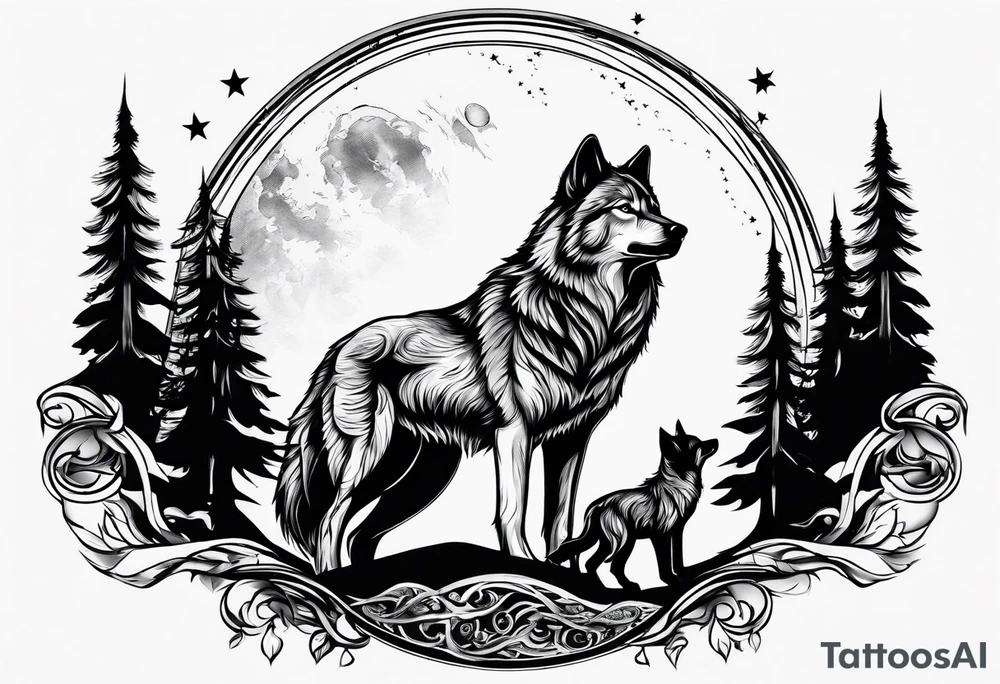 Wolfs and cubs howling at moon tattoo idea