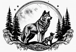 Wolfs and cubs howling at moon tattoo idea