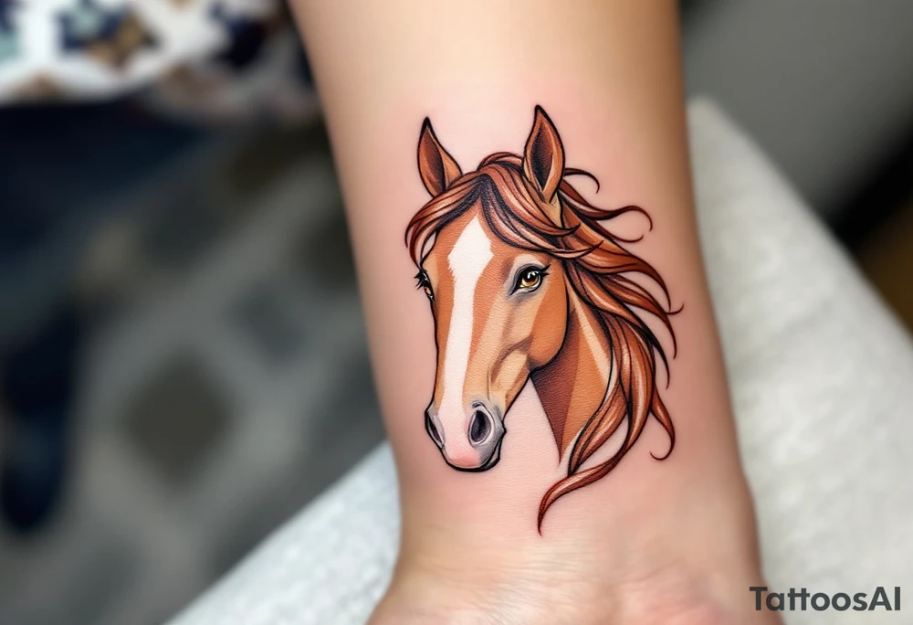 Chestnut Beauty – A warm chestnut-colored horse head with a soft white blaze down the face, detailed with amber eyes and a soft, wispy brown mane. tattoo idea