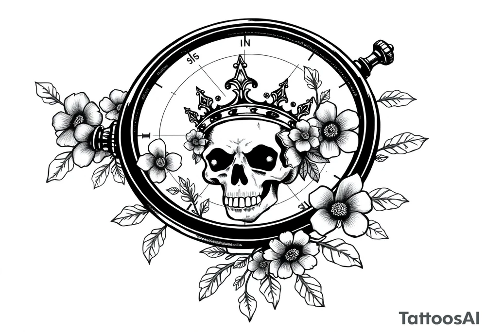 Compass with detailed beautiful gothic boho flowers on vine and skull with gorgeous crown tattoo idea