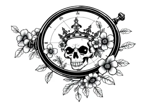 Compass with detailed beautiful gothic boho flowers on vine and skull with gorgeous crown tattoo idea