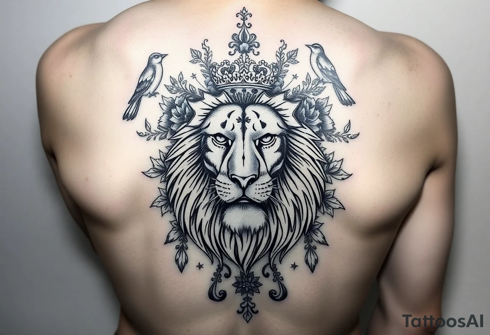 powerful majestic lion with a crown, surrounded by floral ornaments and birds tattoo idea