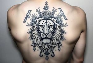 powerful majestic lion with a crown, surrounded by floral ornaments and birds tattoo idea