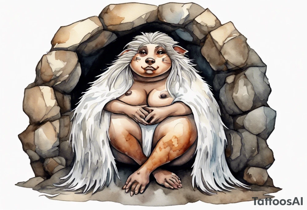 a solitary fat mole woman with large round eyes, covered in short white fur with brown dreadlocks sitting in stone throne in a cave tattoo idea