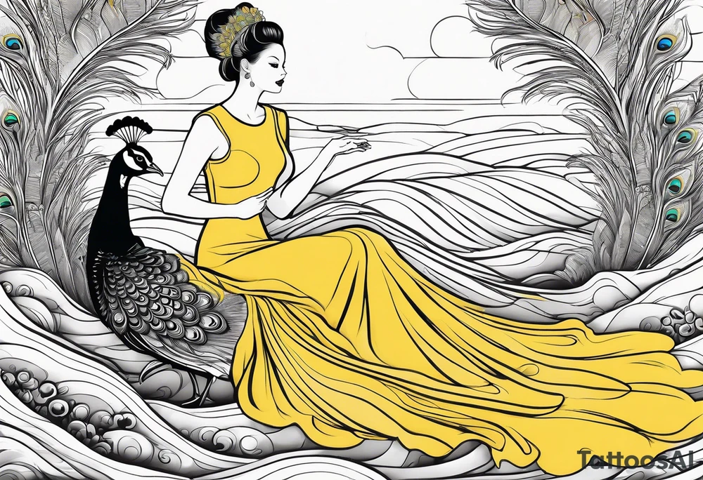 peacock along side a flowing  long river with a woman sitting at the end of it wearing a yellow dress and a handheld mirror in her hands tattoo idea