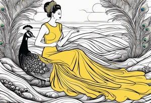 peacock along side a flowing  long river with a woman sitting at the end of it wearing a yellow dress and a handheld mirror in her hands tattoo idea