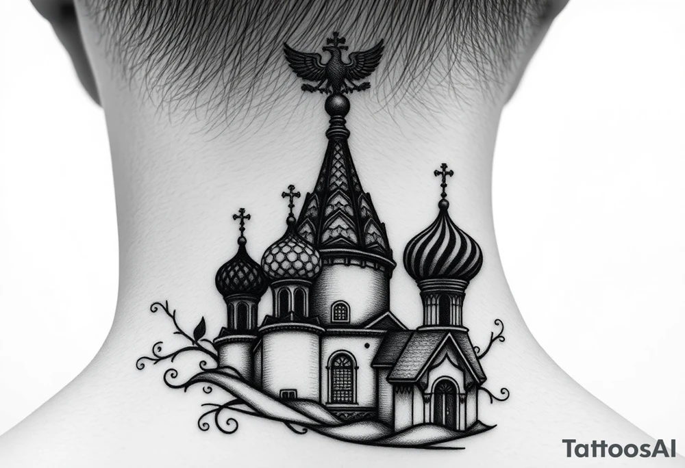 Flowing Scene

A onion domes orthodox church
Virgin Mary in prayer pose wrapping around the lower neck curve
A small double headed russian coat of arms eagle or just the star tucked above the dome near the hairline tattoo idea