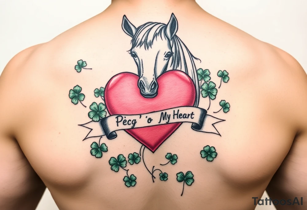 A lot of green shamrocks & a horse with a big Pink heart and a banner across the heart that says Peg 'o My Heart tattoo idea