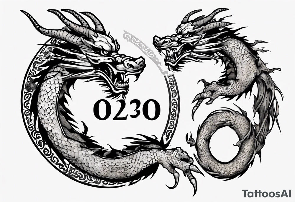 Chinese dragon in a circular shape with "02.03" written on its skin tattoo idea