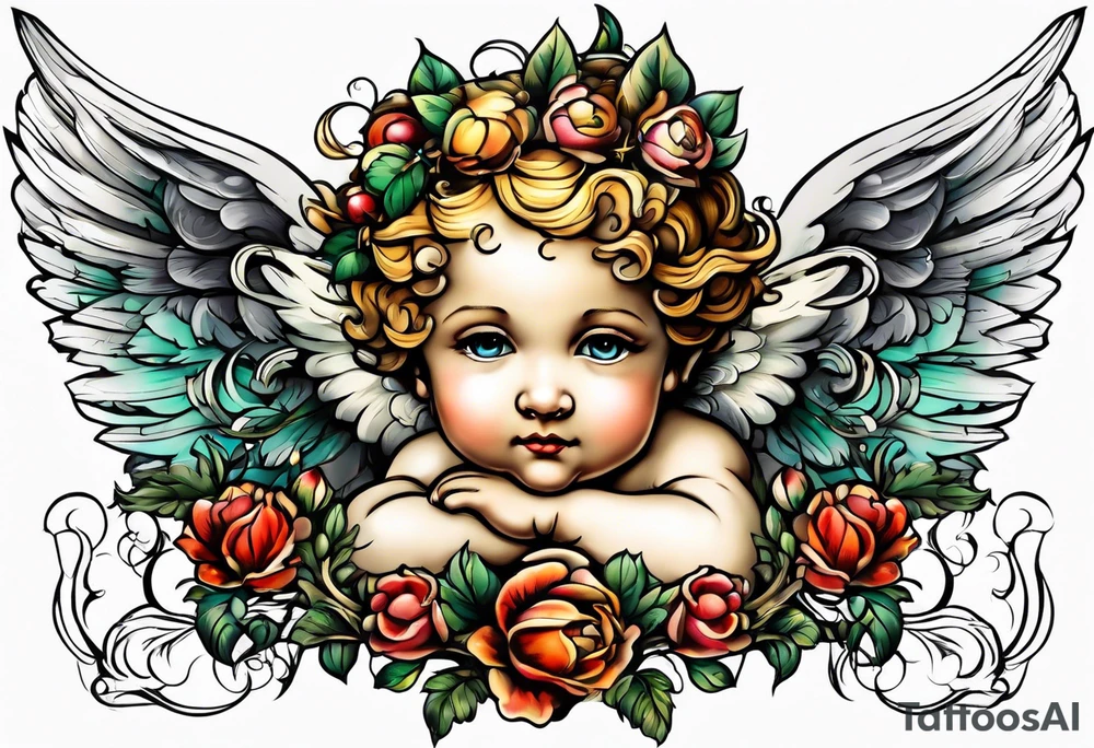 Flying Cherub renaissance style tattoo idea