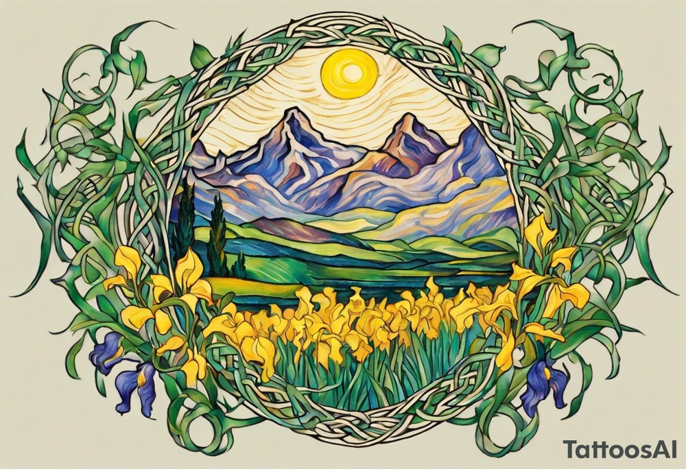 Create a colorful Vincent van Gogh's Irises tattoo, with vines in Celtic knots gracefully holding mountains in a wreath. The intended placement is on the upper chest. The overall design should be small in size while maintaining a delicate and artistic aesthetic. Pay attention to the graceful flow of the vines and the placement of the irises to achieve a refined and elegant look. tattoo idea