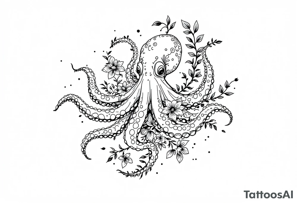 realistic octopus, detailed linework, intricate, black-and-grey shading, surrounded by floral ornaments, intertwining and merging with flowers, thin black swirling lines, semi-transparent brown leaves, dotwork, ornamental flourishes, radiating design, fine-line style, minimalistic, organic flow, feminine, artistic, slightly surreal, seamless composition, marine botanical fusion, lifelike texture, graceful rhythm, smooth shading, soft leaves wrapping, blooming shoulder flower, outward radiating pattern, vine tentacle flow, integrated sea creature, botanical octopus curved body placement, natural organic movement tattoo idea