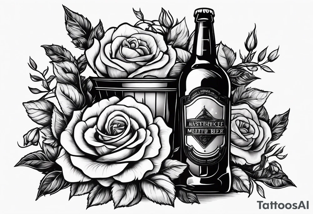 A bottle of beer and a stalk of rose in the bucket tattoo idea