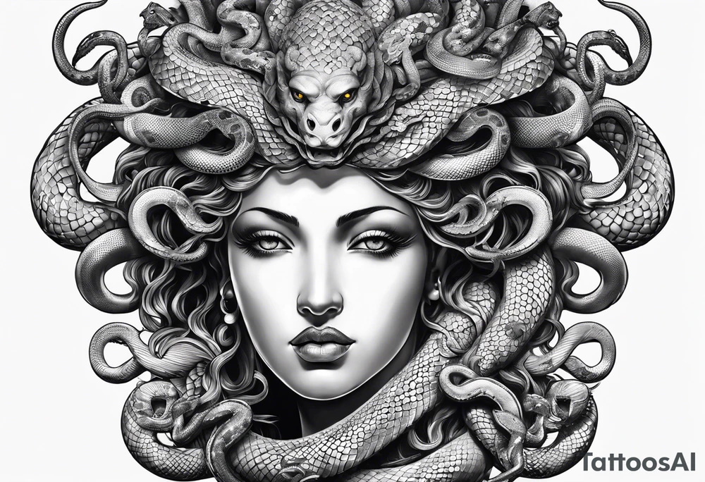 arm tattoo of Medusa head statue with snakes for hair tattoo idea
