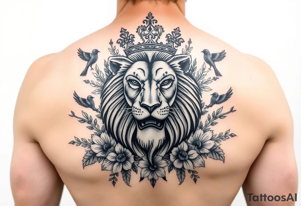 powerful majestic lion with a crown, surrounded by floral ornaments and birds tattoo idea