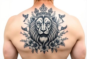 powerful majestic lion with a crown, surrounded by floral ornaments and birds tattoo idea