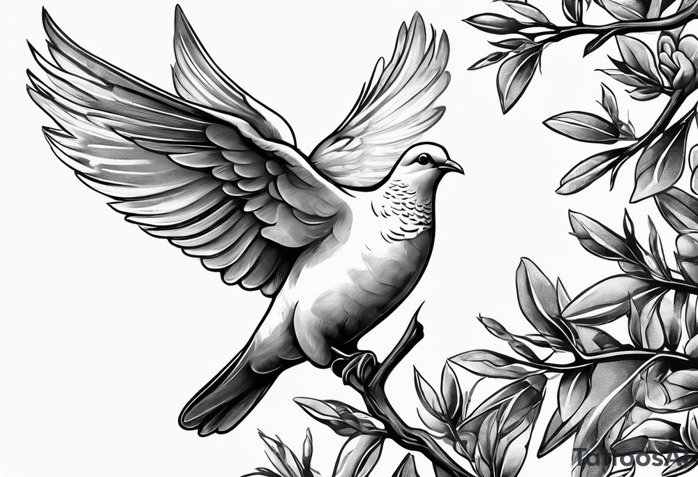 Dove soring through the air clasping an olive branch in its beak. tattoo idea