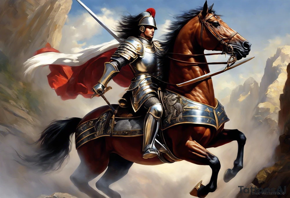 **Main Theme**: A Hussar on horseback in full armor, dynamically portrayed in the middle of a charge. The Hussar's wings are clearly visible, adding dynamics to the composition.
   - Archangel Michael positioned in the background, with a raised sword ready for battle, armed with a shield.
   - The Hussar is holding a banner showcasing the White Eagle.
   - Elements of the Arch tattoo idea
