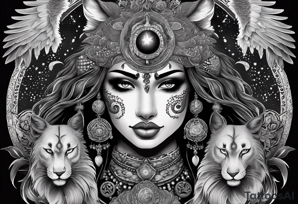 black kali, goddess pirate, alien, angel, pachamama, valkrye, warrior, flying, skull, lotus azul, wing, eagle, zenza resonance, stars, 5D, anahata chakra, death, durga, riding on a tiger, flying lady, kundalini, chest tatoo, samuri, rebel, serpent tattoo idea