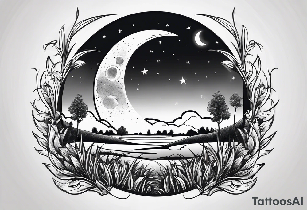 the moon shining down onto a patch of grass tattoo idea