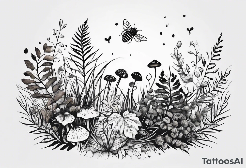 forest floor inspired minimalist tattoo, which includes grass, curly ferns and dead leaves as the bulk of the tattoo. details to include: three very tiny strawberries, a tiny bumblebee flying nearby, three small brown mushrooms tattoo idea