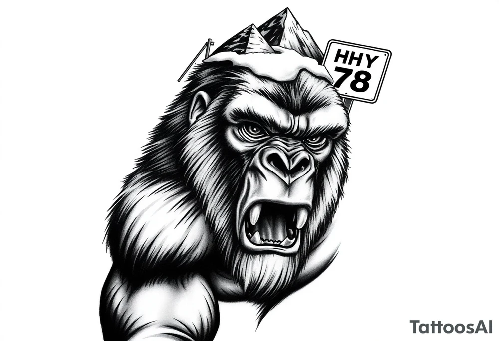 powerful aggressive and angry gorilla with a street sign with a pole on the left that says “42nd st w”, a highway sign on the right that says “HWY 78” and pyramids above the ape’s head that have snow on them all in close proximity. tattoo idea