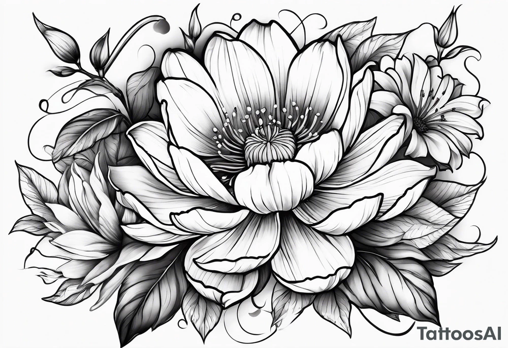 Floral design cherry blossom, peony, sunflower, tulip, lily tattoo idea