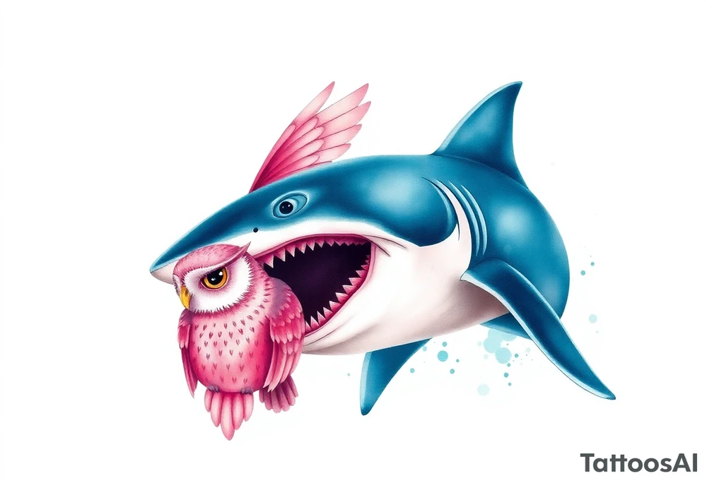 Hammerhead shark eating a pink owl tattoo idea