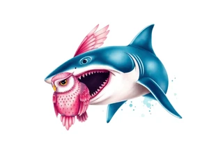 Hammerhead shark eating a pink owl tattoo idea