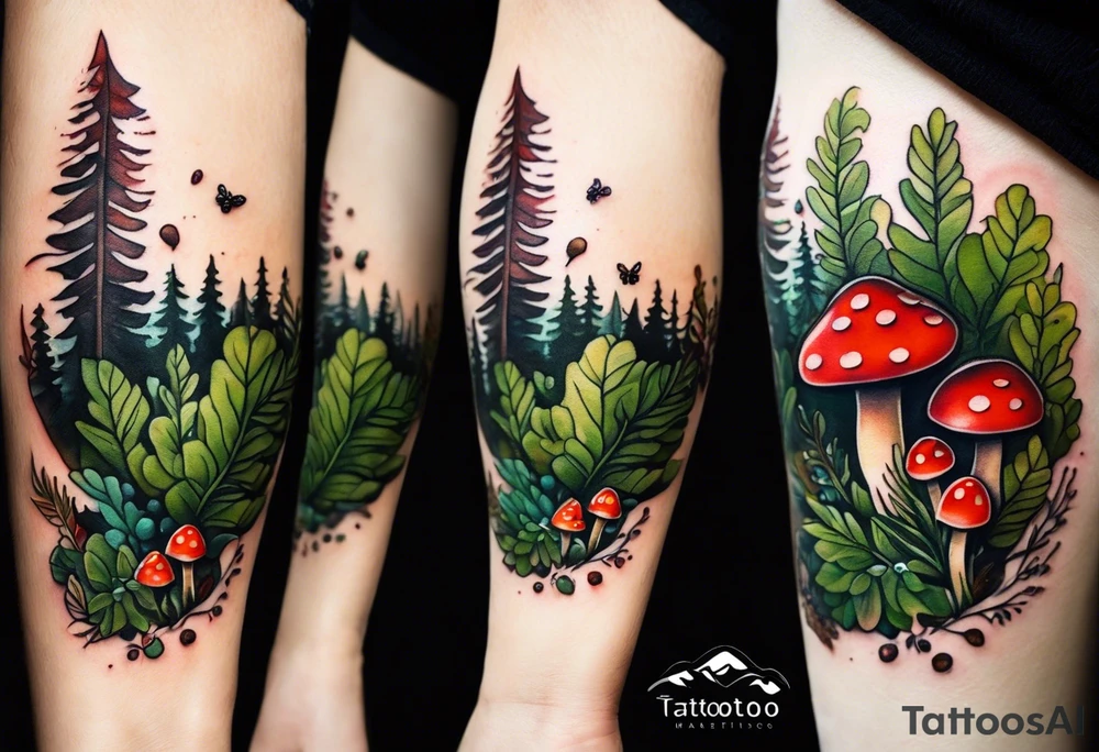 minimalistic forest floor inspired tattoo, which includes grass, moss, curly ferns and dead leaves as the bulk of the tattoo. details to include: forest berries, couple of very small brown mushrooms, a tiny bumblebee flying nearby tattoo idea