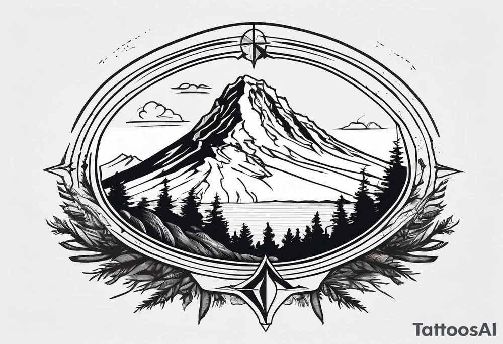 Compass directions with haystack rock in the top left, mount hood in the top right, alsea falls in the bottom left, crater lake in the bottom right tattoo idea