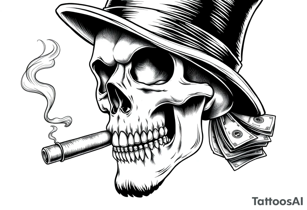 skull with mustache,a big cigar in his mouth,a top-hat on his head and alot of money in a hand. tattoo idea