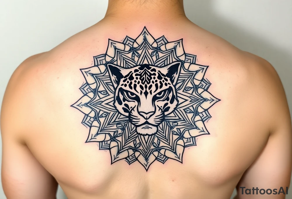 intricate mandala with a sacred panther with geometry and cosmic tattoo idea