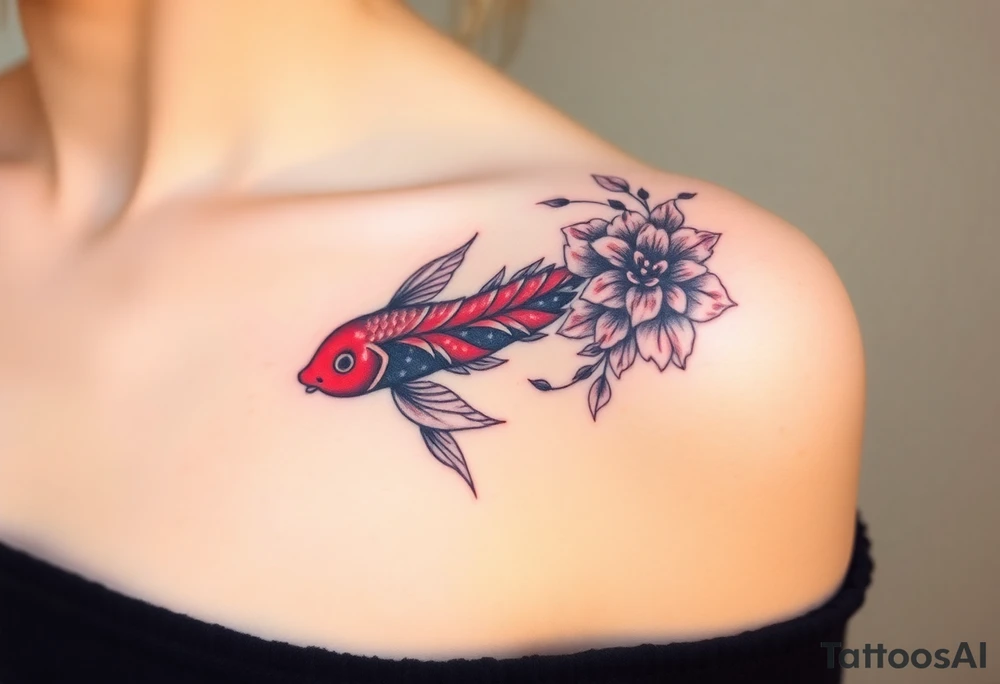 I want the tattoo starting at my collar bone, and I want it to go down my arm, but doesn’t go past my elbow. I want my middle name, Sané” on my collarbone area and I want the red and black koi fish too on my shoulder area. And I want flowers that represent healing, happiness, and peace and purity. tattoo idea