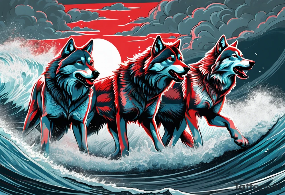 a pack of 3 howling muscular  gray wolves surfing waves with a linear background with red, white and black and gray tattoo idea