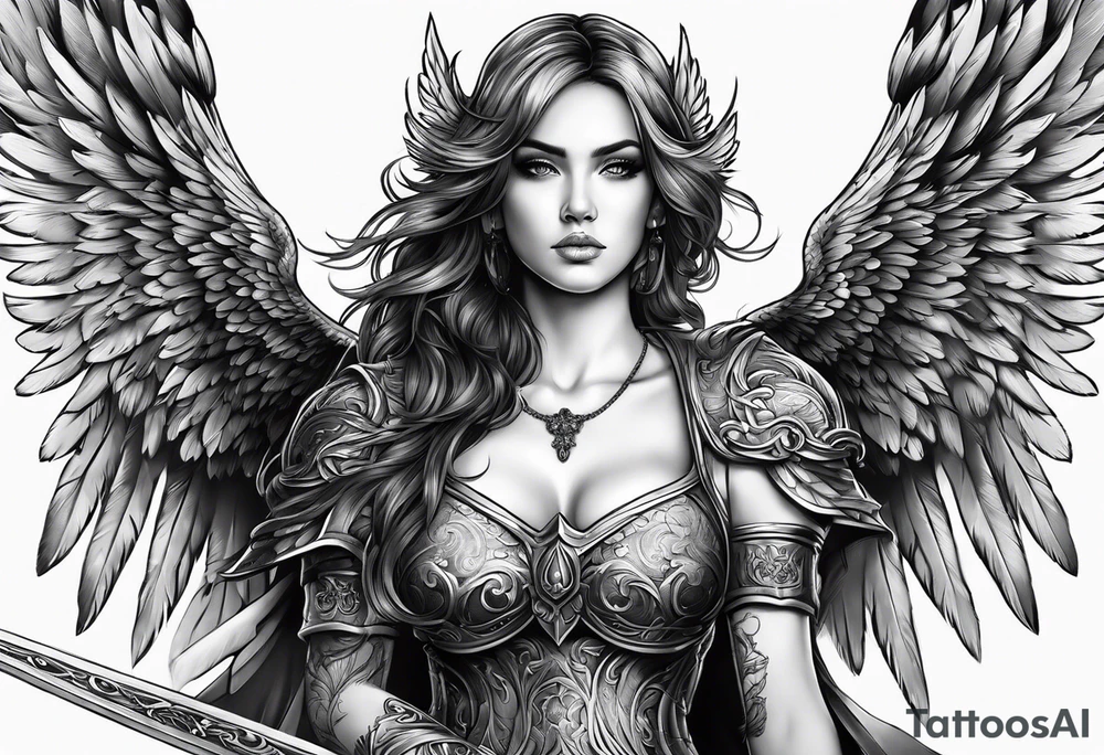 Female angel with sword and smoke tattoo idea
