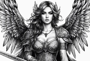 Female angel with sword and smoke tattoo idea