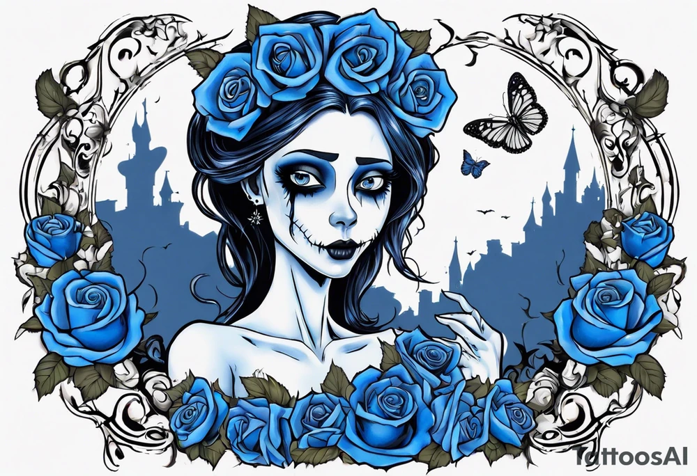 corpse bride Emily wearing a wedding dress. the vail on her head. she is holding a bouquet of blue roses in the middle of the bouquet  there is one white daisy. there is one blue butterfly flying around her. A full moon on the background. tattoo idea