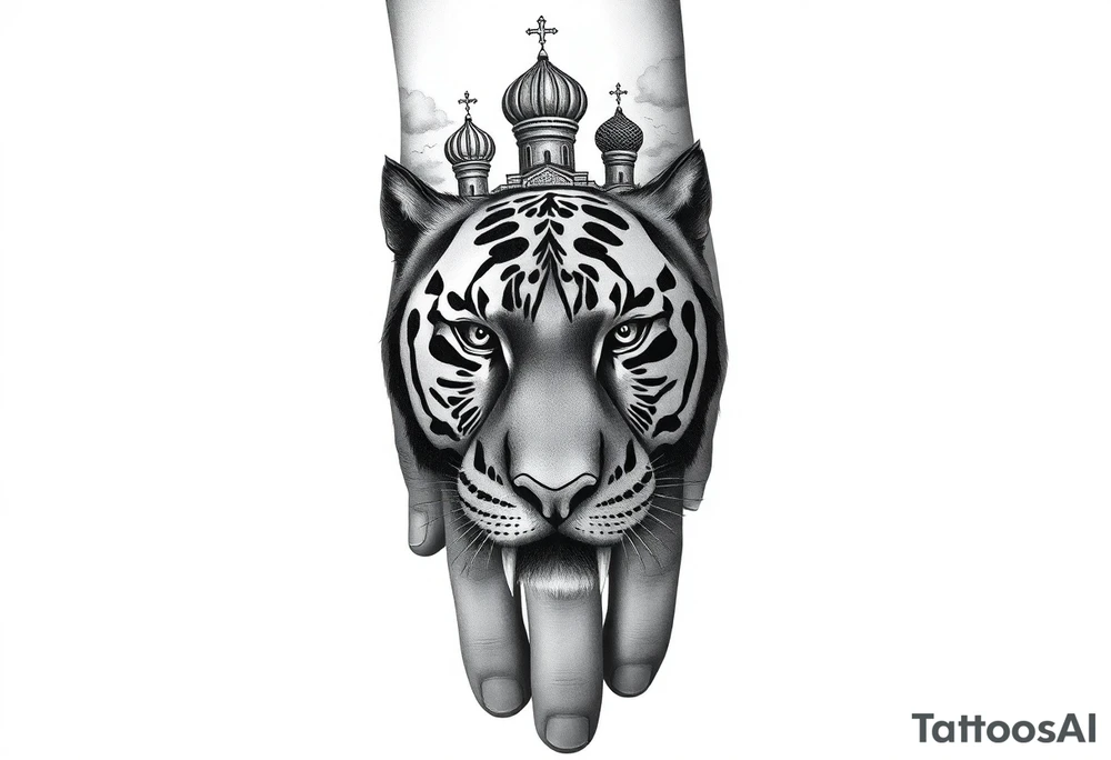 Realistic tiger face on the back of the hand with strong contrast and fine detail with hollow black eyes. with a highly detailed Russian Orthodox cathedral sitting above on fore arm with onion domes and orthodox crosses, done in fine line, engraving-like style. Cohesive composition, black ink only, no color, high contrast, slightly aged, documentary-style, plain light background. with clouds above and a virgin mary 
spanning from my hand to lower fore arm tattoo idea