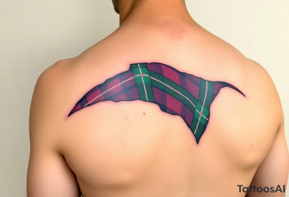 Side of arm Dark Purple with green pink blue and white highlights tartan fabric with skin peeling away at edges tattoo idea