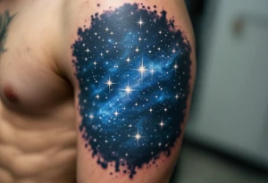 This tattoo combines quote “Through Hardships to the stars” with silver star trails over a midnight blue sky on the upper arm. tattoo idea