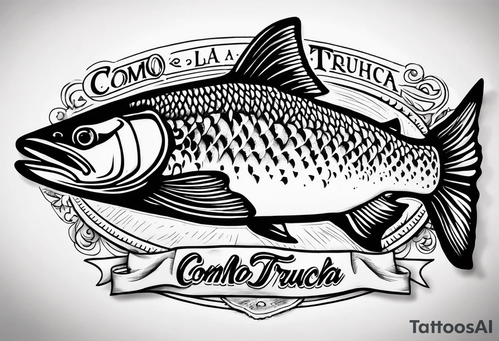 A small tattoo with a shaded trout and text that says, 'Como la trucha...' drawn with fine lines." tattoo idea