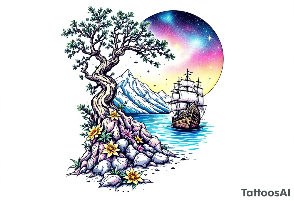 tattoo that has an acacia tree with mountains, ocean with a ship wreck and the northern star tattoo idea