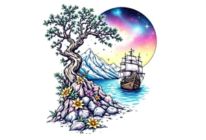 tattoo that has an acacia tree with mountains, ocean with a ship wreck and the northern star tattoo idea