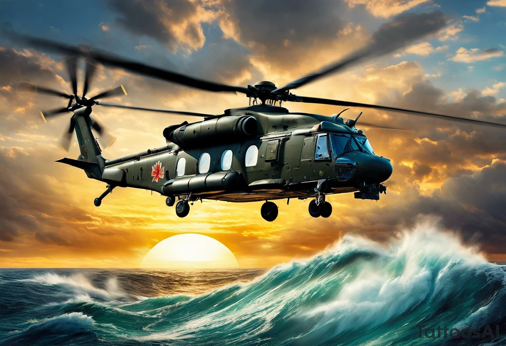 A cinematic-style tattoo depicting a Canadian military CH-148 Cyclone helicopter performing a daring maneuver over a turbulent ocean. The sky should be filled with dramatic clouds, and the sun should be setting, casting long shadows. The helicopter should be the main focus, with intricate details and a sense of motion. In the background, a poppy should be prominently displayed, and a quote from 'Lest We Forget' should be included, black and white tattoo idea