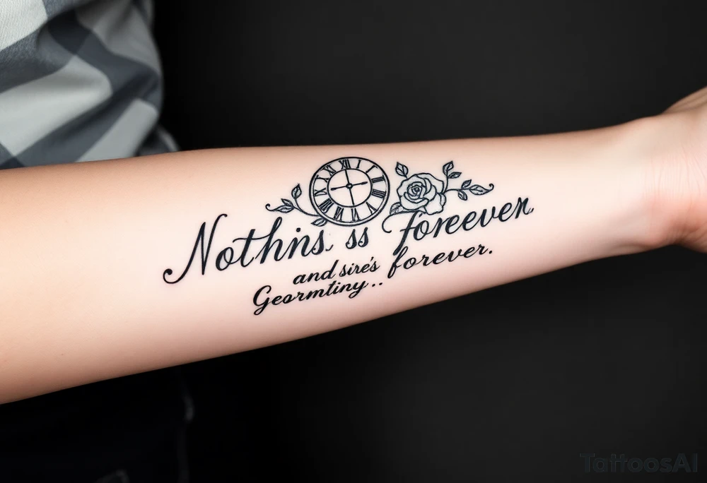 Roman clock with a crown, with roses and a quote that says nothings forever. and on the bottom a deck of cards gangster chicano style tattoo idea