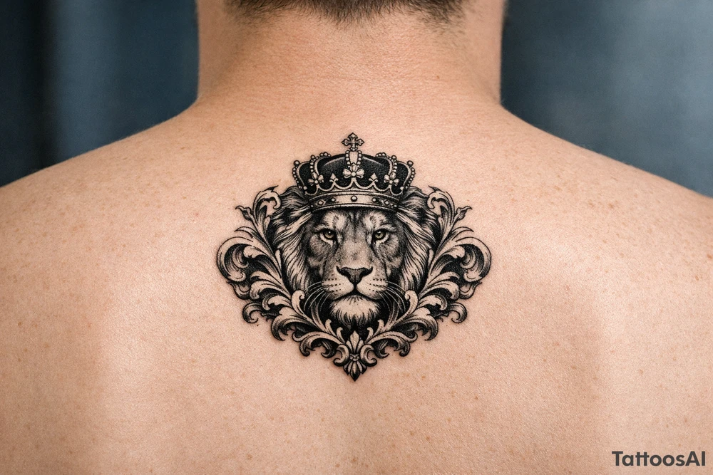 powerful majestic lion with a crown, framed by ornate floral scrollwork tattoo idea